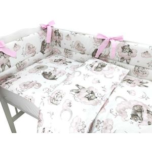 Lenjerie patut 3 piese Qmini cu protectie laterala din bumbac 140x70 cm Teddy Bear and Friends Pink imagine