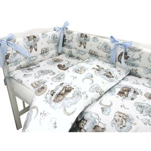 Lenjerie patut 3 piese Qmini cu protectie laterala din bumbac 140x70 cm Teddy Bear and Friends Blue imagine