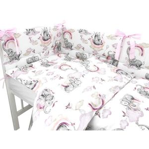 Lenjerie patut 3 piese cu protectie laterala Qmini 120x60 cm Elephants on Rainbow Pink imagine