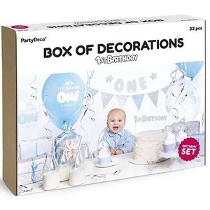 Set decoratiuni petrecere First Birthday cu 33 elemente Albastru Argintiu imagine