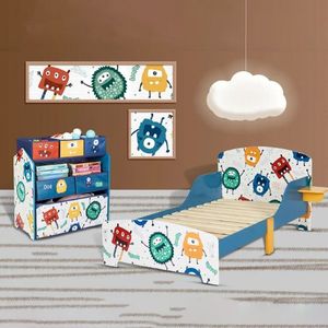 Pat junior din lemn 140x70 cm Ginger Home cu laterale protectie si polita Monster imagine