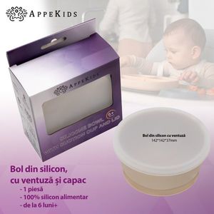 Bol din silicon cu ventuza si capac AppeKids Bubble Beige imagine