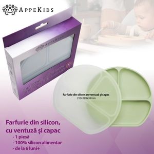 Farfurie compartimentata din silicon cu ventuza si capac AppeKids Raw Green imagine