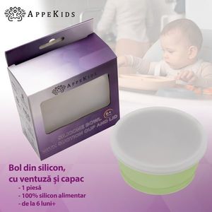 Bol din silicon cu ventuza si capac AppeKids Raw Green imagine