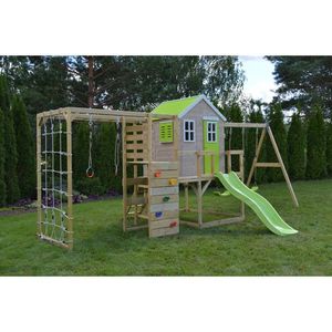 Casuta de gradina Lime Lodge cu tobogan, leagan dublu, modul sport Wendi Toys imagine