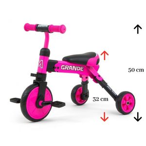 Tricicleta pliabila transformabila in bicicleta fara pedale Grande pink cu roti din cauciuc Eva, pedale detasabile, sezut confortabil, pentru copii cu sarcina maxima 25kg imagine