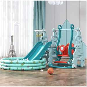 Spatiu de joaca 3in1 Nichiduta Garden cu tobogan, leagan cu bara de protectie detasabila, jucarie muzicala, cos de baschet, mingie si piscina cu 200bile incluse Tower Blue imagine