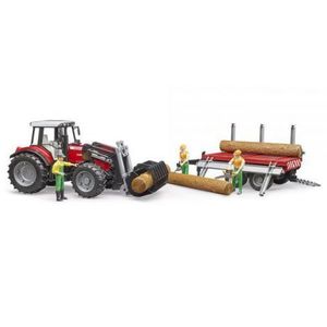 BRUDER - TRACTOR MASSEY FERGUSON 7480 CU INCARCATOR FRONTAL SI REMORCA PENTRU LEMNE imagine