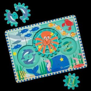 Puzzle educativ din lemn, cu rotite dintate, Oceanul, 8 piese, pentru copii 3 ani+, Melissa&Doug 31003 imagine