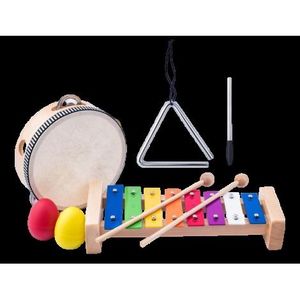 Set Instrumente Muzicale din Lemn Eco Woody 91893 Triunghi, xilofon, tamburina, 2 maracas imagine