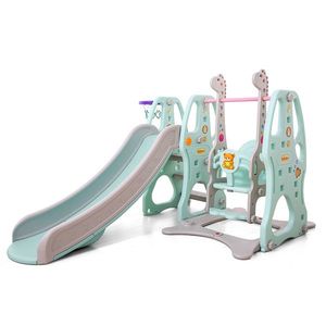 Spatiu de joaca Nichiduta Giraffe Blue 3 in 1 cu leagan, tobogan si cos de baschet imagine