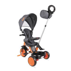 Tricicleta pentru copii Lucky Crew multifunctionala black orange cu sezut rotativ, maner cu control al directiei, 2 tipuri de suport pentru picioare, dispozitiv de franare si scaunel cu husa moale imagine