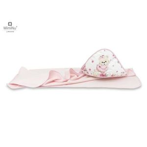 Prosop mare cu gluga si volanas MimiNu 100x100 cm din bumbac thermo fleece Design Pink Ballerina imagine