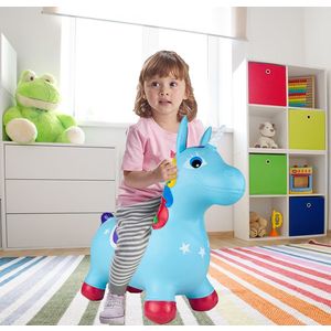 Unicorn din cauciuc gonflabil, pentru interiorexterior, cu pompa inclusa, material rezistent si durabil 59 x 50 x 24 cm Blue imagine