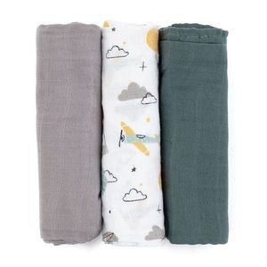 Set 3 scutece PetiteMars din muselina de bambus Moussy Grey Planes hipoalergenice 68 x 68 cm Multicolor imagine