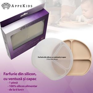 Farfurie compartimentata din silicon cu ventuza si capac AppeKids Bubble Beige imagine