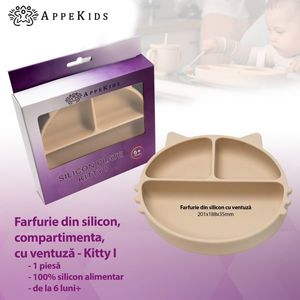 Farfurie compartimentata din silicon cu ventuza AppeKids Kitty Bubble Beige imagine