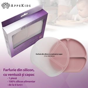 Farfurie compartimentata din silicon cu ventuza si capac AppeKids Old Rose imagine