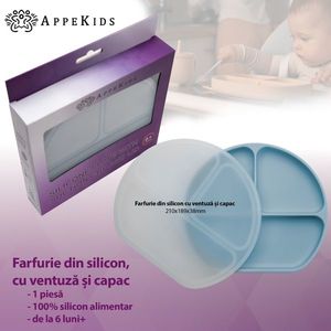 Farfurie compartimentata din silicon cu ventuza si capac AppeKids Aqua Blue imagine