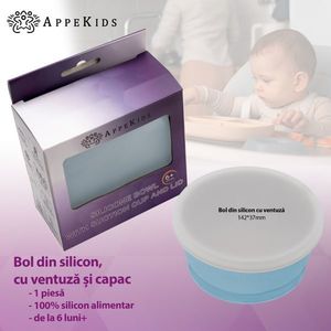 Bol din silicon cu ventuza si capac AppeKids Aqua Blue imagine