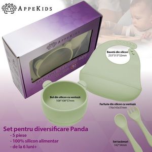 Set diversificare AppeKids din silicon 5 piese Panda Raw Green imagine