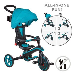 Tricicleta Globber Explorer 4 in 1 pliabila turquoise cu maner cu control al directiei, scaun ajustabil pe inaltime, suport pentru picioare, roti din cauciuc Eva, sistem roata libera, de la 10 luni imagine