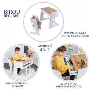 Birou pentru copii reglabil din MDF cu scaunel reglabil si spatiu de depozitare imagine