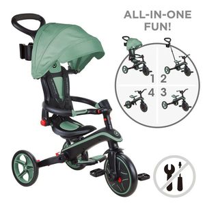 Tricicleta Globber Explorer 4 in 1 pliabila verde pal cu maner cu control al directiei, scaun ajustabil pe inaltime, suport pentru picioare, roti din cauciuc Eva, sistem roata libera, de la 10 luni imagine