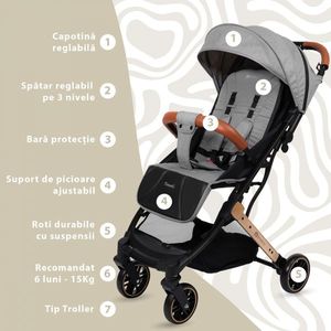 Carucior sport AppeKids Travel Grey ultracompact, tip troller, suspensii, spatar reglabil, suport picioare ajustabil, bara frontala detasabila imagine