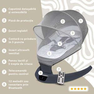 Leagan electric pentru bebelusi cu spatar reglabil si senzor de miscare AppeKids Evoque Powder Grey imagine