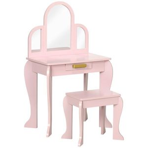 HOMCOM Masa cu oglinda si taburet, set de vanitate pentru copii, birou de machiaj pentru fete cu sertar pentru copii de 3-6 ani, roz | Aosom Romania imagine