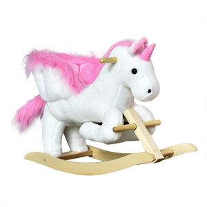 Cal tip Balansoar Unicorn cu Muzica HOMCOM, Structura din Metal si Lemn, Tepiterie din Plus, 65x32x55cm, Alb Roz | Aosom Romania imagine