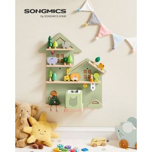 Raft de perete pentru boxa Toniebox cu 35 figurine copii, Songmics, 55.8x18x59.7 cm, MDF/otel/lemn de fag, verde imagine