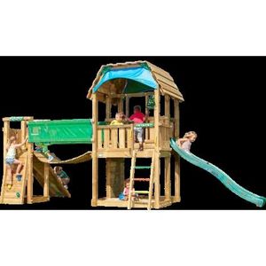 Complex de joaca din lemn Barn cu Bridge Jungle Gym imagine