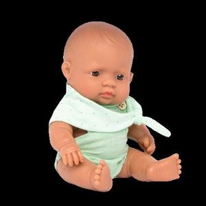 Papusa bebelus educativa 21 cm, Baiat hispanic in compleu verde, corp parfumat imagine