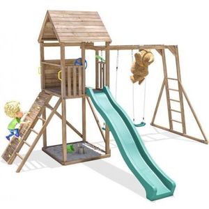 Complex de joaca FrontierFort Max cu Monkey Bars si 2 leagane, tobogan verde 2.9 m, Dunster House imagine