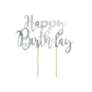 Decoratiune tort happy birthday argintie 22.5 cm imagine