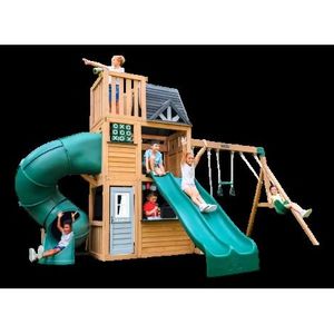 Complex de joaca din lemn, max 9 copii, 3 leagane, 3 tobogane, Summit View, Cedar Summit F29750E imagine