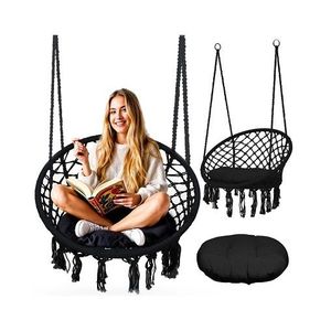 Leagan suspendat pentru copiiadulti Sofotel Boho Negru utilizare interiorexterior 80x63x57 cm, sarcina maxima 150 kg, spatar inalt, cadru metalic, perna inclusa imagine
