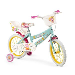 Bicicleta pentru copii Toimsa Peppa Pig Green 16 inch cu roti ajutatoare, cos frontal si scaun pentru papusi imagine