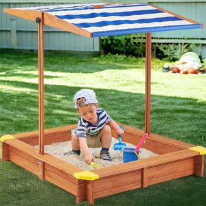 Lada de nisip pentru copii, acoperis parasolar ajustabil, rotativ la 180 grade, 120x120x20 cm, lemn imagine