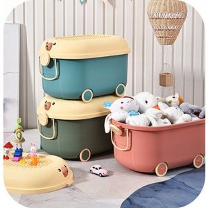 Cutie pentru jucarii Primabobo Ursulet Albastru cu suprafata adaptata blocurilor Lego, maner si roti 46 cm imagine