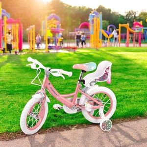 Bicicleta pentru copii Procart Unicorn Roz 14 inch, roti ajutatoare, scaun papusi, frane v-brake, aparatoare lant imagine
