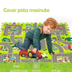 Covoras pista masinute, 9 piese tip puzzle, spuma eva, grosime 1 cm, 90x90 cm imagine