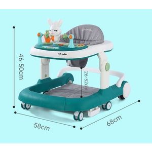 Premergator copii Little Mom Pink Rabbit, pliabil, cu maner de sustinere parental, cu perna de sezut ajustabila, panou interactiv detasabil, roti silentioase cu rotire 360 grade si sistem de franare, structura piramidala imagine