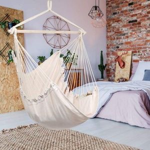 Hamac tip scaun, 100x130 cm, 2 perne, bara din lemn, bumbac bej imagine