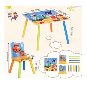 Set masuta si 2 scaunele cu spatar pentru copii Ginger Home Ocean Animals din lemn, Margini rotunjite, potrivit pentru activitatiteme, gradinita, after school, greutate suportata 40kg imagine