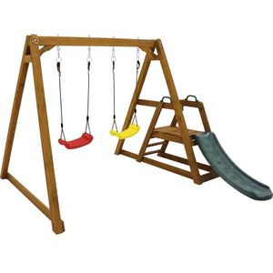 Leagăn Dublu pentru Copii din Lemn Masiv cu Tobogan de Grădină și Scară de Cățărat, Structură de Exterior, 239x240x169 cm, Natural imagine