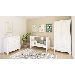 Patut din lemn si MDF Nichiduta Megan II Alb cu sertar, sistem 2 bare detasabile, bariera de protectie inclusa, vopsele ecologice pe baza de apa, margini rotunjite, dimeniuni interioare 120x60cm imagine