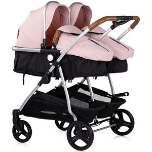 Carucior gemeni Chipolino Duo Smart 3 in 1 pink marshmallow, Cadru aluminiu, pliere compacta, Suspensii si frana, Spartar reglabil, accesorii incluse imagine